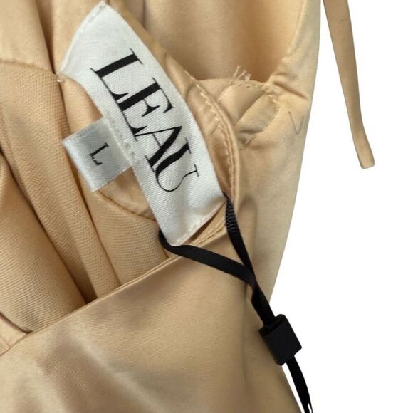 LEAU satin Champaign side ruched mini dress size large - Picture 2 of 5